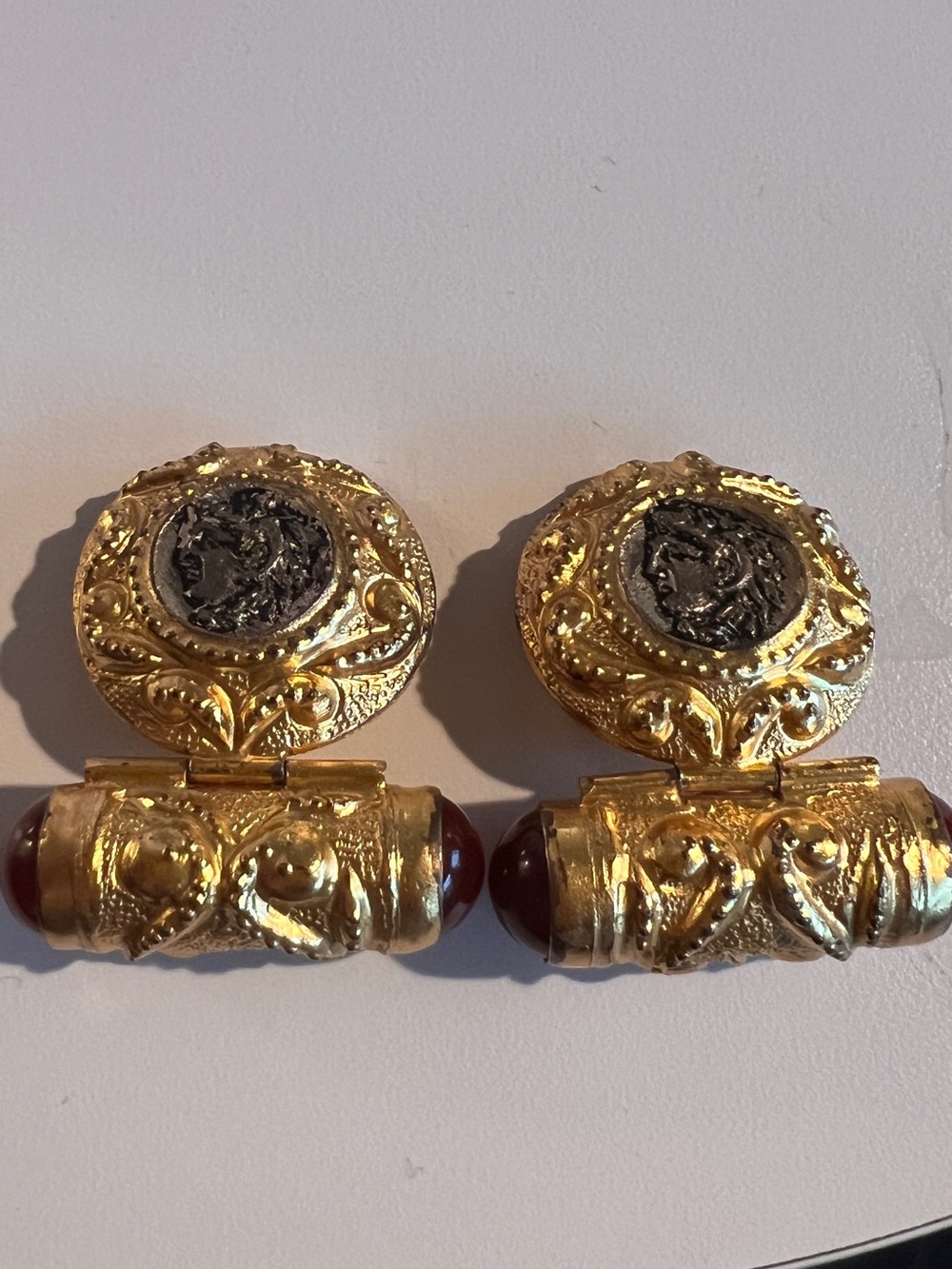 Vintage CINER Roman Coin Ruby Red Cabochon Gold Tone Clip-On Earrings